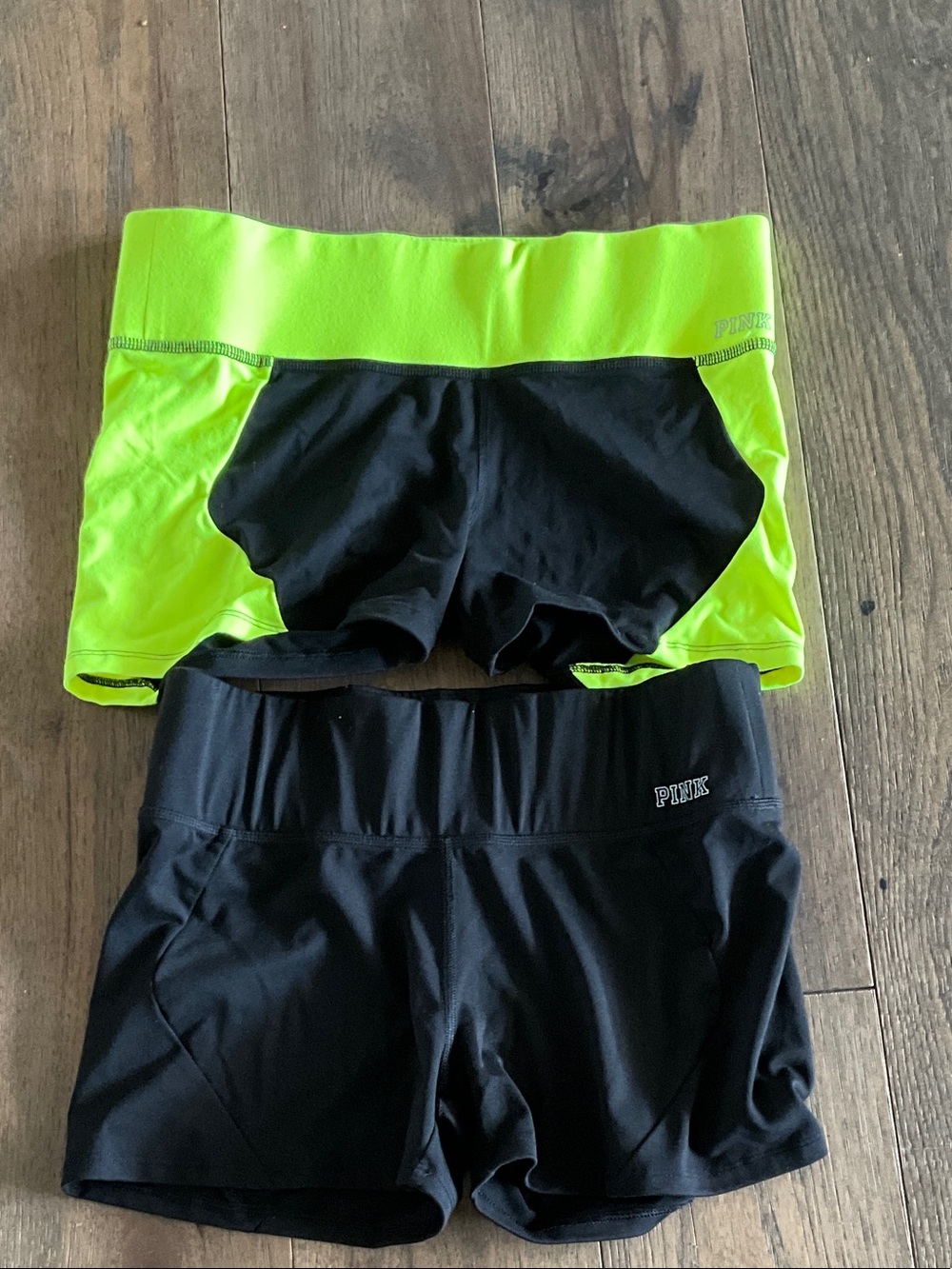 PINK Victoria's Secret Neon Yellow and Black Athletic Shorts Duo
